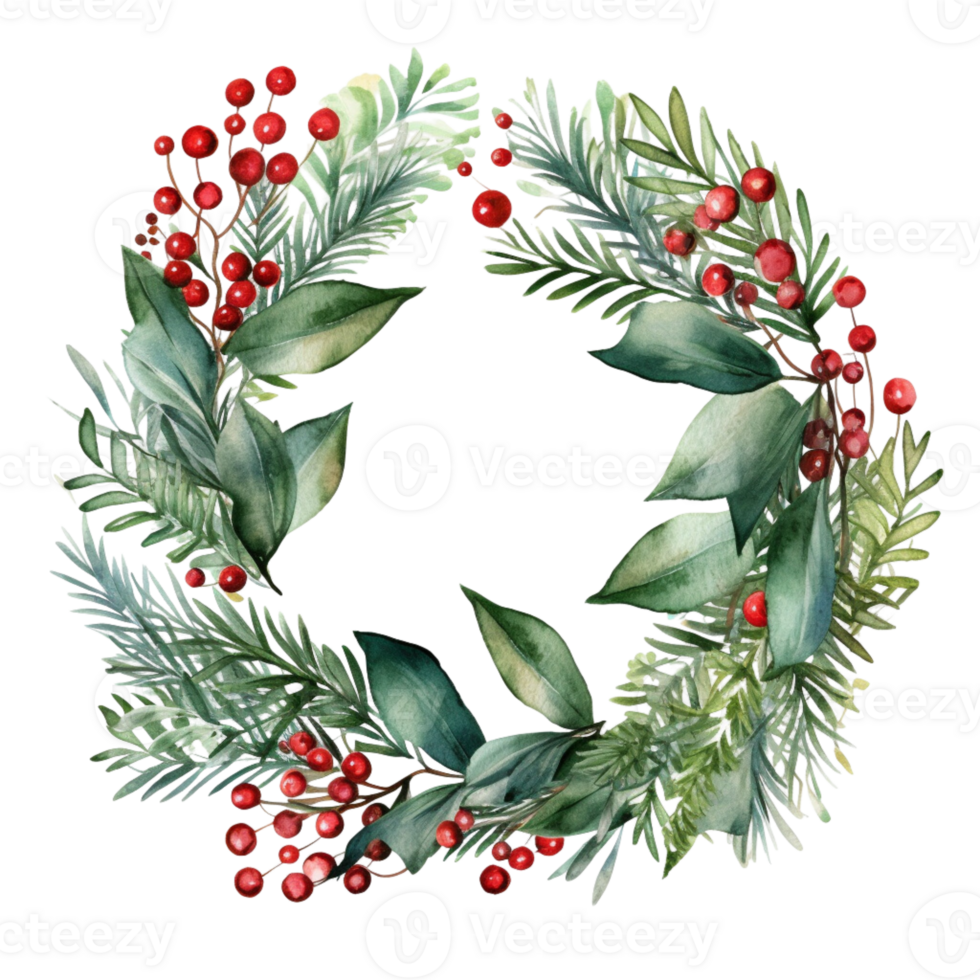 AI generated AI Generative Round frame for Christmas holiday decoration, greeting cards, gift tags, invitation. Christmas holly frame with mistletoe, cones, berries, needles, holly berry wreath. png