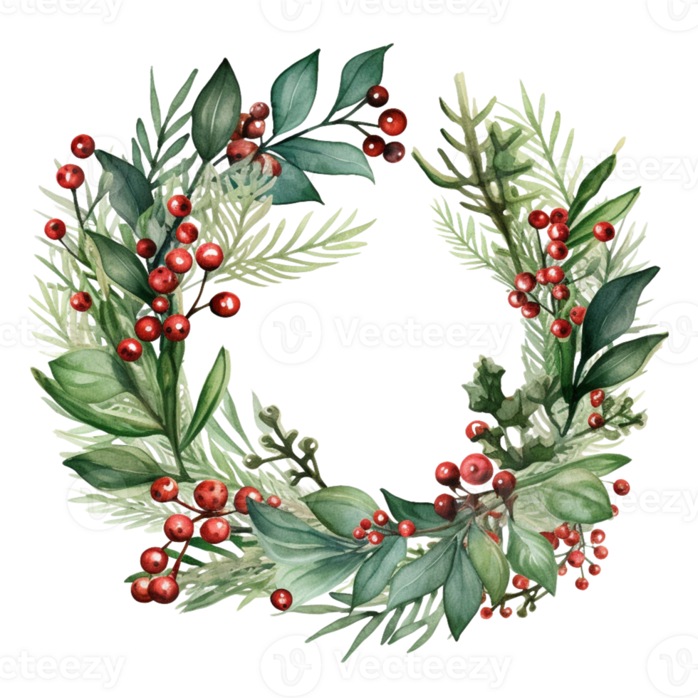 AI generated AI Generative Christmas holly berry wreath with mistletoe, cones, berries, needles, fir tree. Frame for Christmas holiday decoration, greeting cards, gift tags, invitation. png