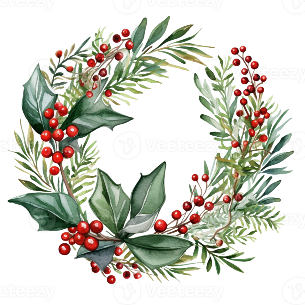 AI generated AI Generative Christmas holly berry wreath with mistletoe, cones, berries, needles, fir tree. Frame for Christmas holiday decoration, greeting cards, gift tags, invitation. png