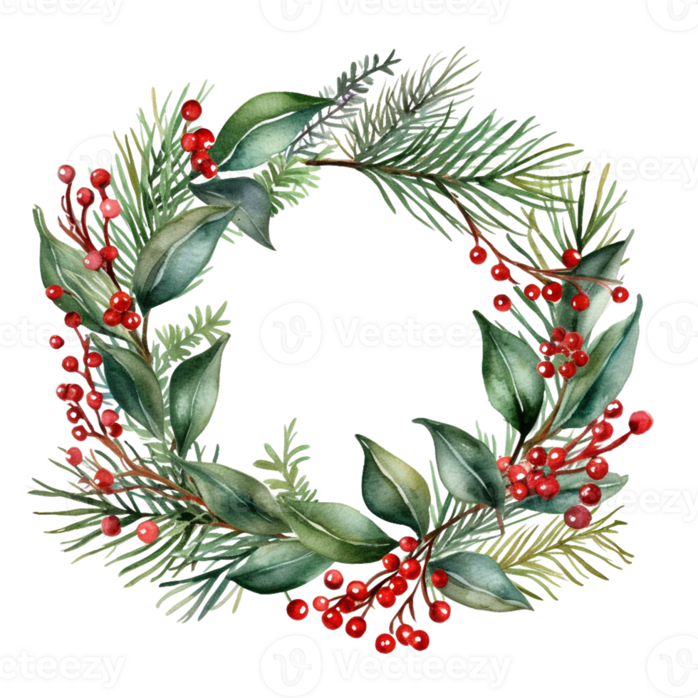 AI generated AI Generative Round frame for Christmas holiday decoration, greeting cards, gift tags, invitation. Christmas holly frame with mistletoe, cones, berries, needles, holly berry wreath. png