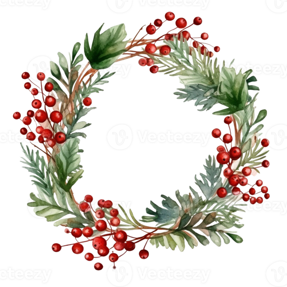 AI generated AI Generative Christmas holly berry wreath with mistletoe, cones, berries, needles, fir tree. Frame for Christmas holiday decoration, greeting cards, gift tags, invitation. png