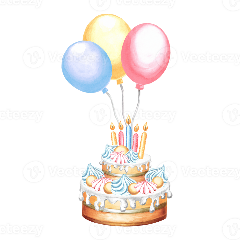 aguarela festivo bolo com velas e colorida balões. modelo para cumprimento cartão mão desenhado ilustração para festivo invólucros, convite, aniversário e feriado festa decoração, fazer adesivos png