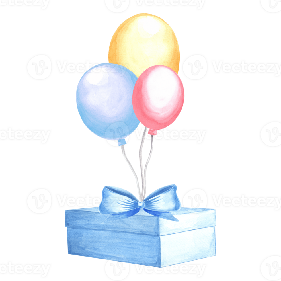 Watercolor giftbox blue with colorful balloons and bow. Template for greeting card. Hand drawn illustration for festive wrappers, invitation, birthday and holiday party decoration, making stickers png