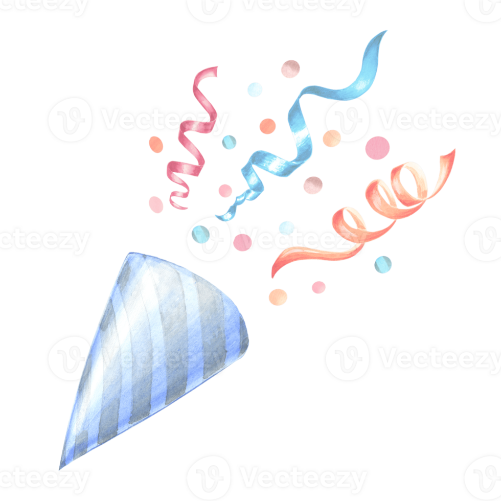 Aquarell festlich Blau gestreift explodiert Party Popper mit Luftschlangen und Konfetti Vorlage von Hand gezeichnet Illustration zum festlich Verpackungen, Einladung, Geburtstag und Urlaub Party, Aufkleber Dekoration png