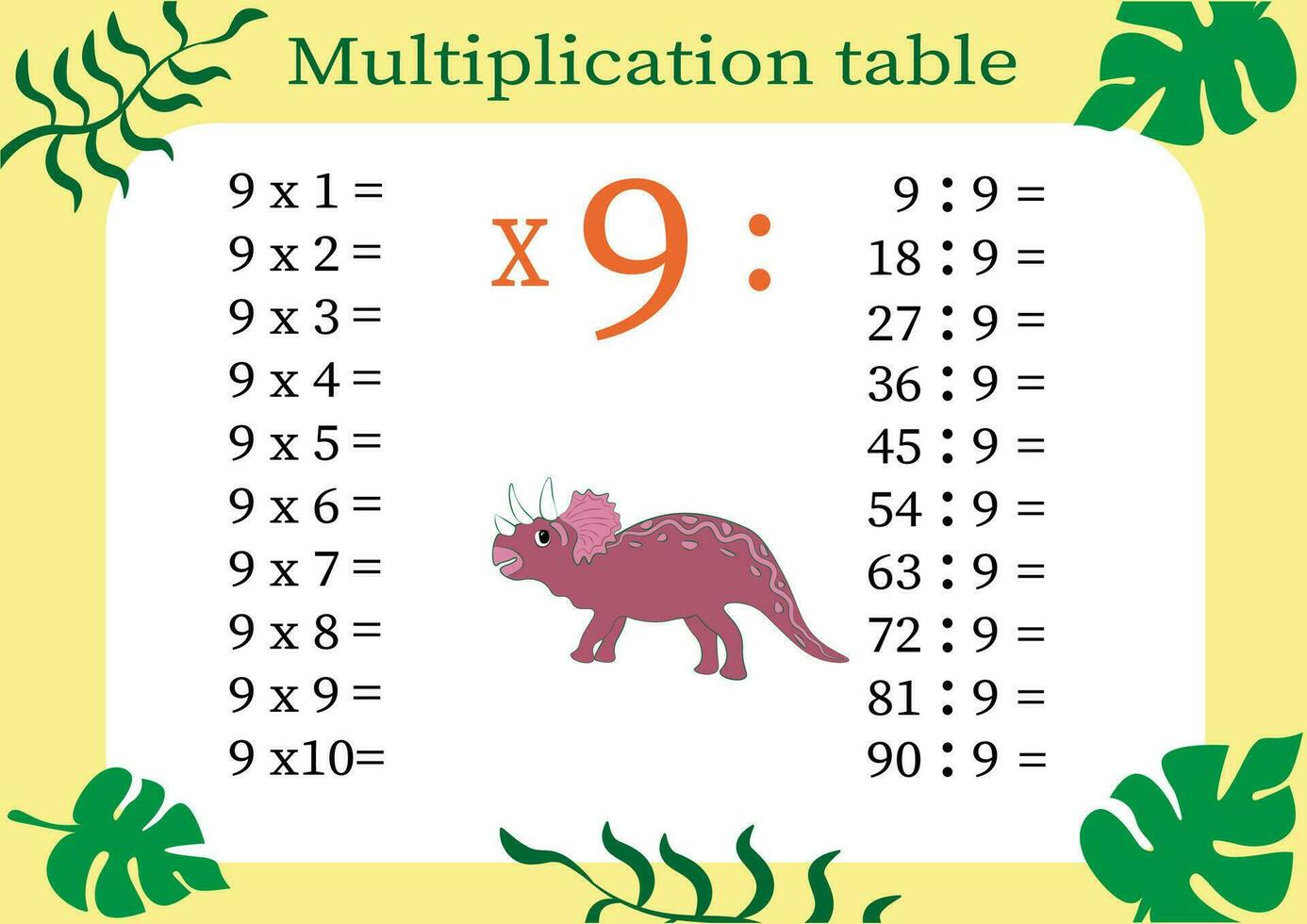 Multiplication table by 9 with a task to consolidate your knowledge of multiplication. Colorful cartoon multiplication table vector for teaching math. Cartoon dinosaurs. EPS10