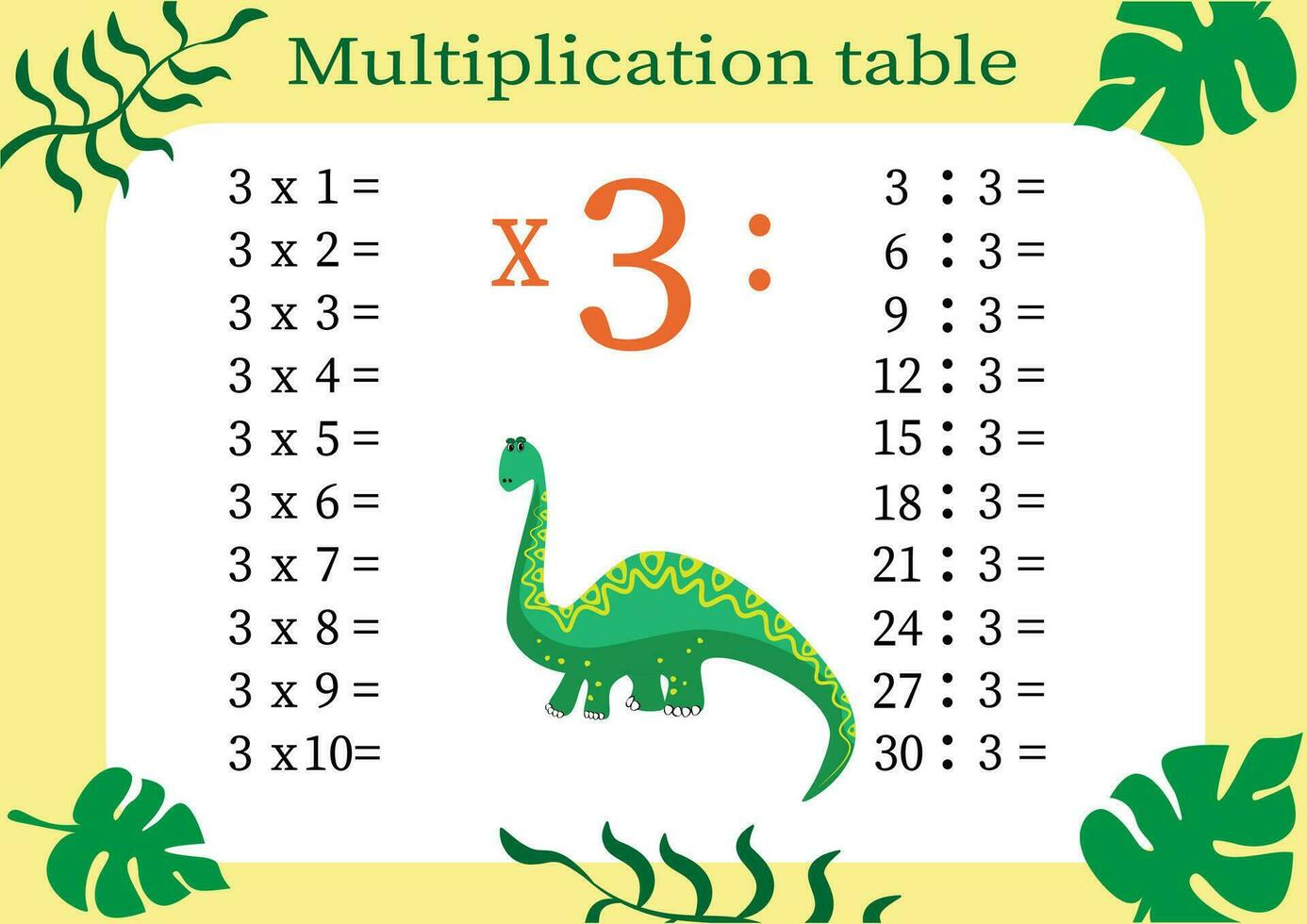 Multiplication table by 3 with a task to consolidate your knowledge of multiplication. Colorful cartoon multiplication table vector for teaching math. Cartoon dinosaurs. EPS10