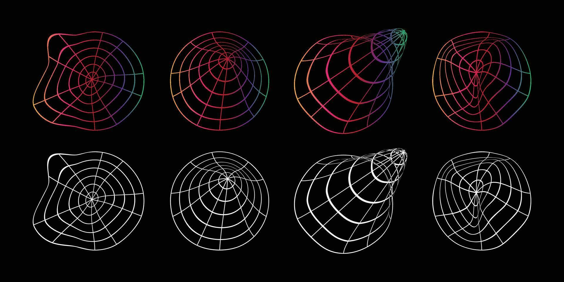 colección de vistoso 3d esfera malla. único formas estructura modelo concepto con puntos y línea cuadrícula vector