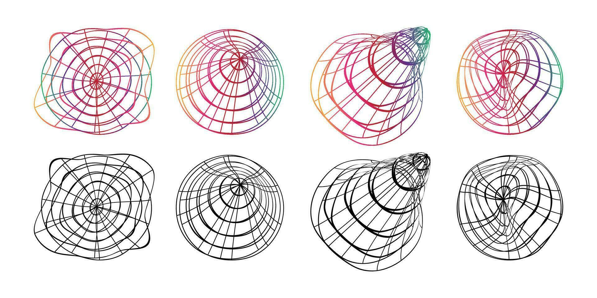 Collection of colorful 3d sphere mesh. Unique shapes structure model concept with dots and line grid vector