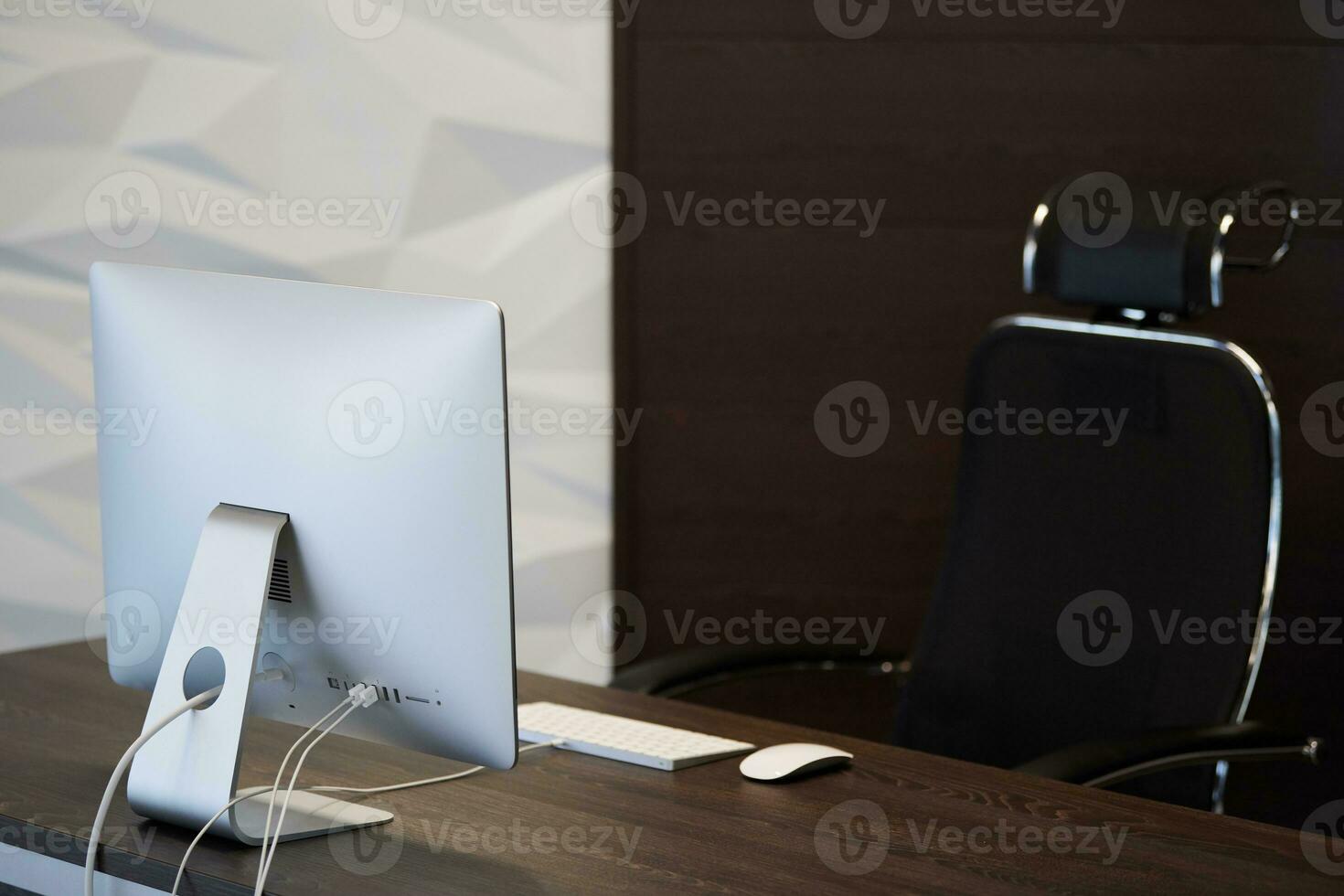 Modern workplace. Office work place for designer. Minimal desktop area for productive work. Dismissal concept. photo