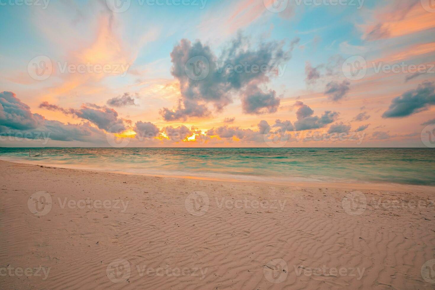Sea sand sky beach closeup. Panoramic landscape. Inspire tropical beach coast seascape horizon. Amazing waves surf shore calmness tranquil relaxing sunlight summer mood. Vacation travel holiday banner photo