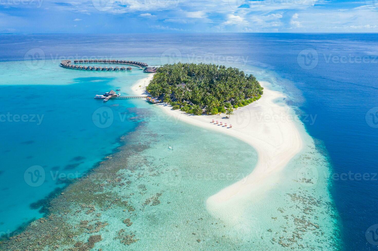 Maldives paradise scenery. Tropical aerial landscape, seascape, water villas with amazing sea and lagoon beach, tropical nature. Exotic tourism destination banner, summer aerial vacation, drone view photo