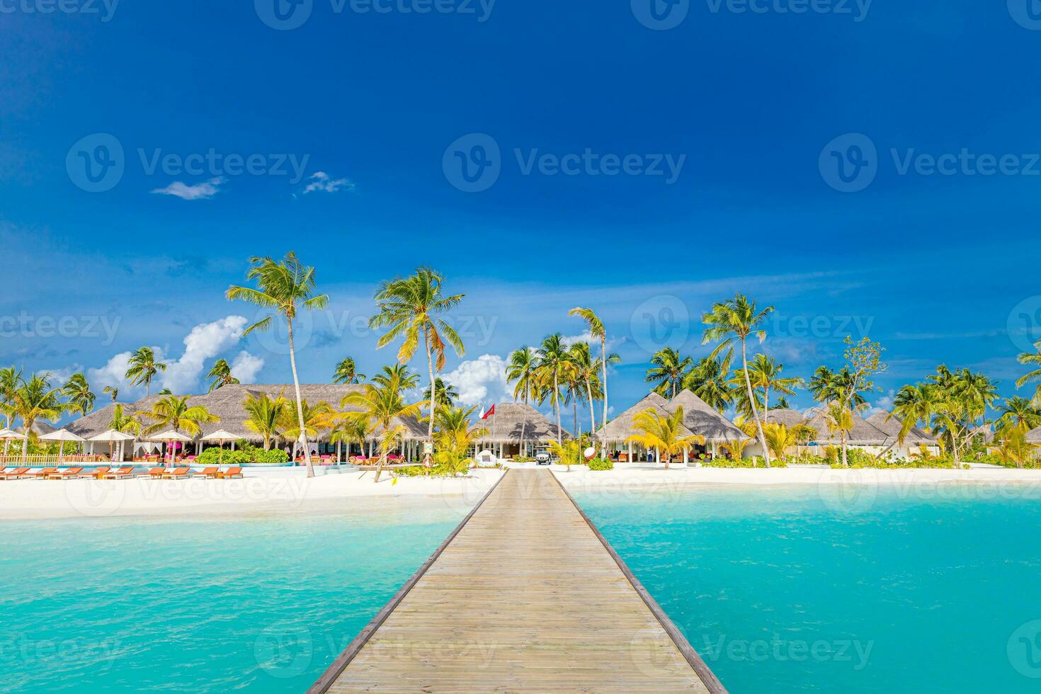 Beautiful tropical landscape background, luxury summer travel and vacation. Wooden pier into island against blue sky with white clouds, panoramic view. Maldives islands jetty with palm trees nature photo