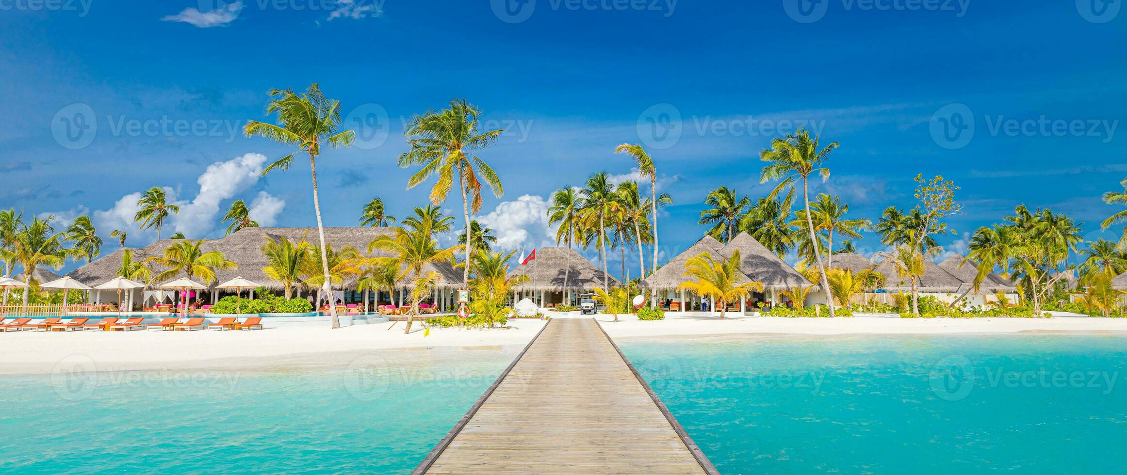 Beautiful tropical landscape background, luxury summer travel and vacation. Wooden pier into island against blue sky with white clouds, panoramic view. Maldives islands jetty with palm trees nature photo