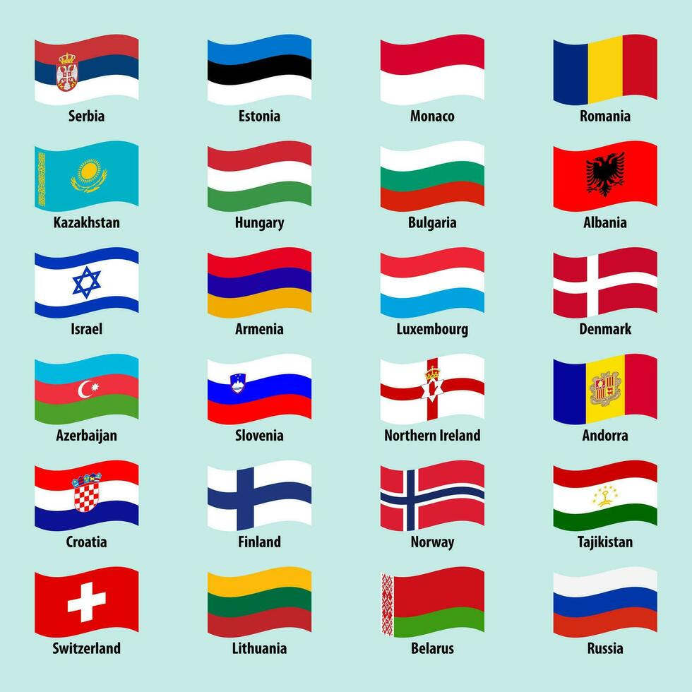 Set of waving flags of European countries on a bright background vector