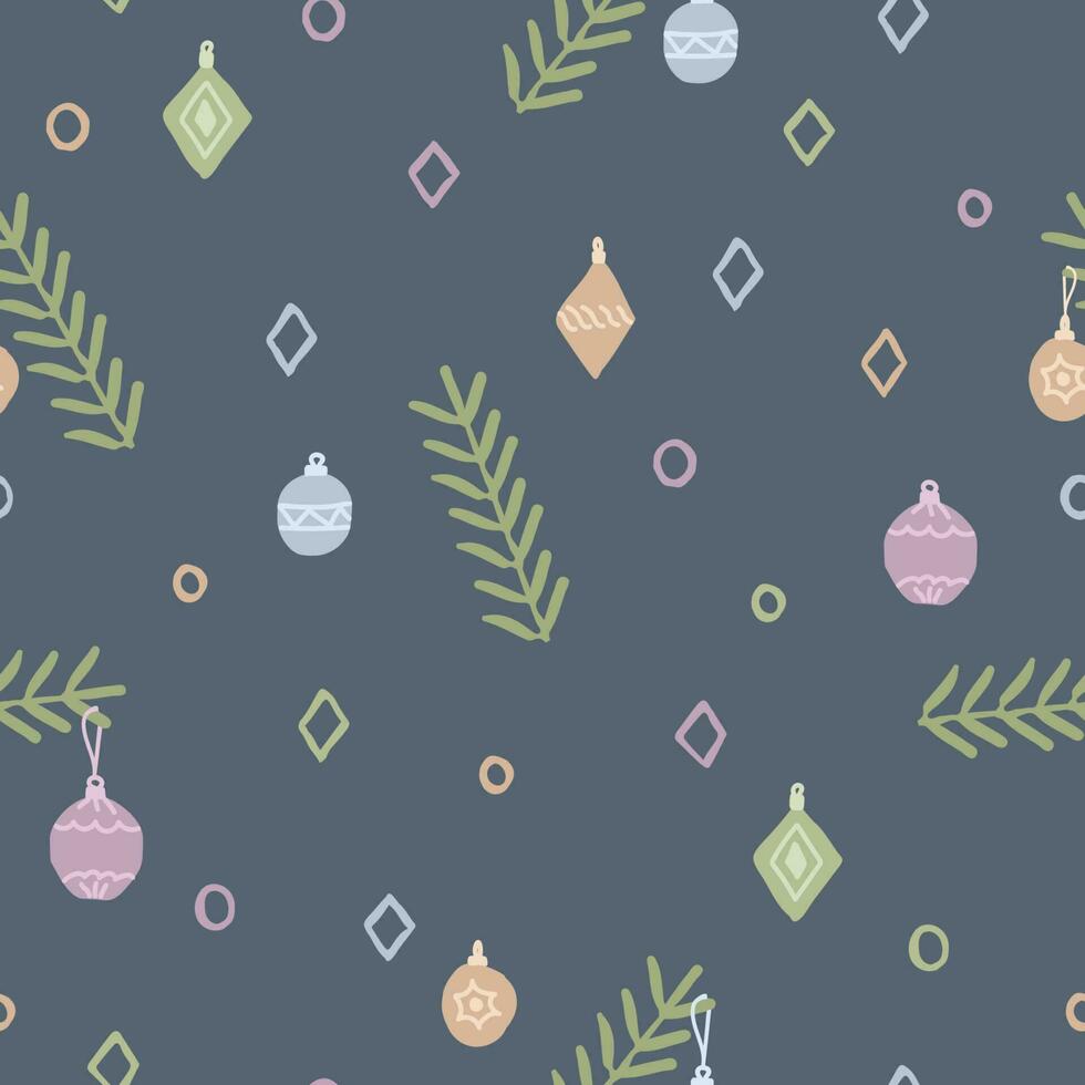Seamless pattern with Christmas tree toys and twigs on a dark background. Hand-drawn vector illustration