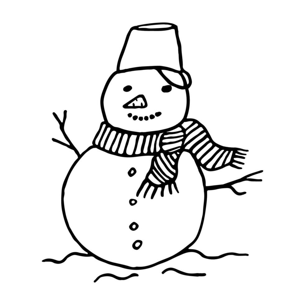 Hand drawn snowman isolated on while background. Flat design. Vector illustration in doodle style.