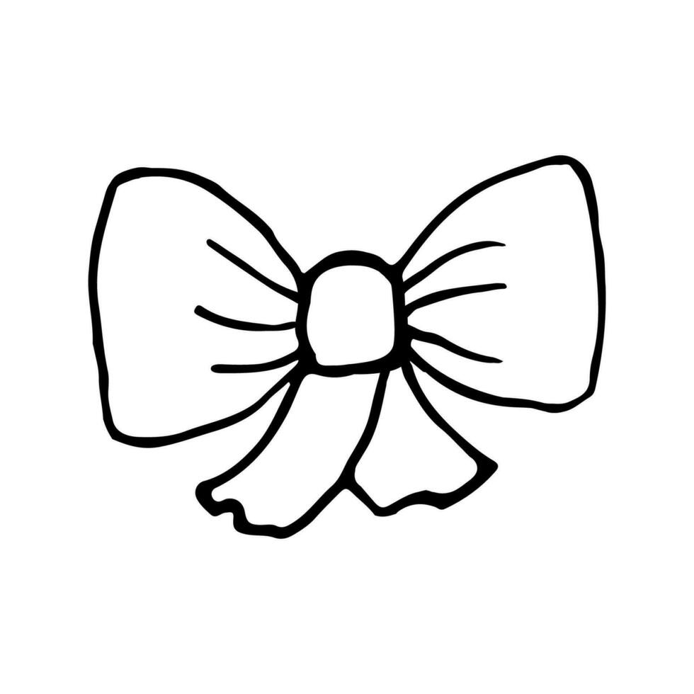 Icon of cute contour of bow tie or bow for gift isolated on white background. Simple hand drawn doodle clipart. For poster, collage, banner, card, invitation. Vector illustration in doodle style.