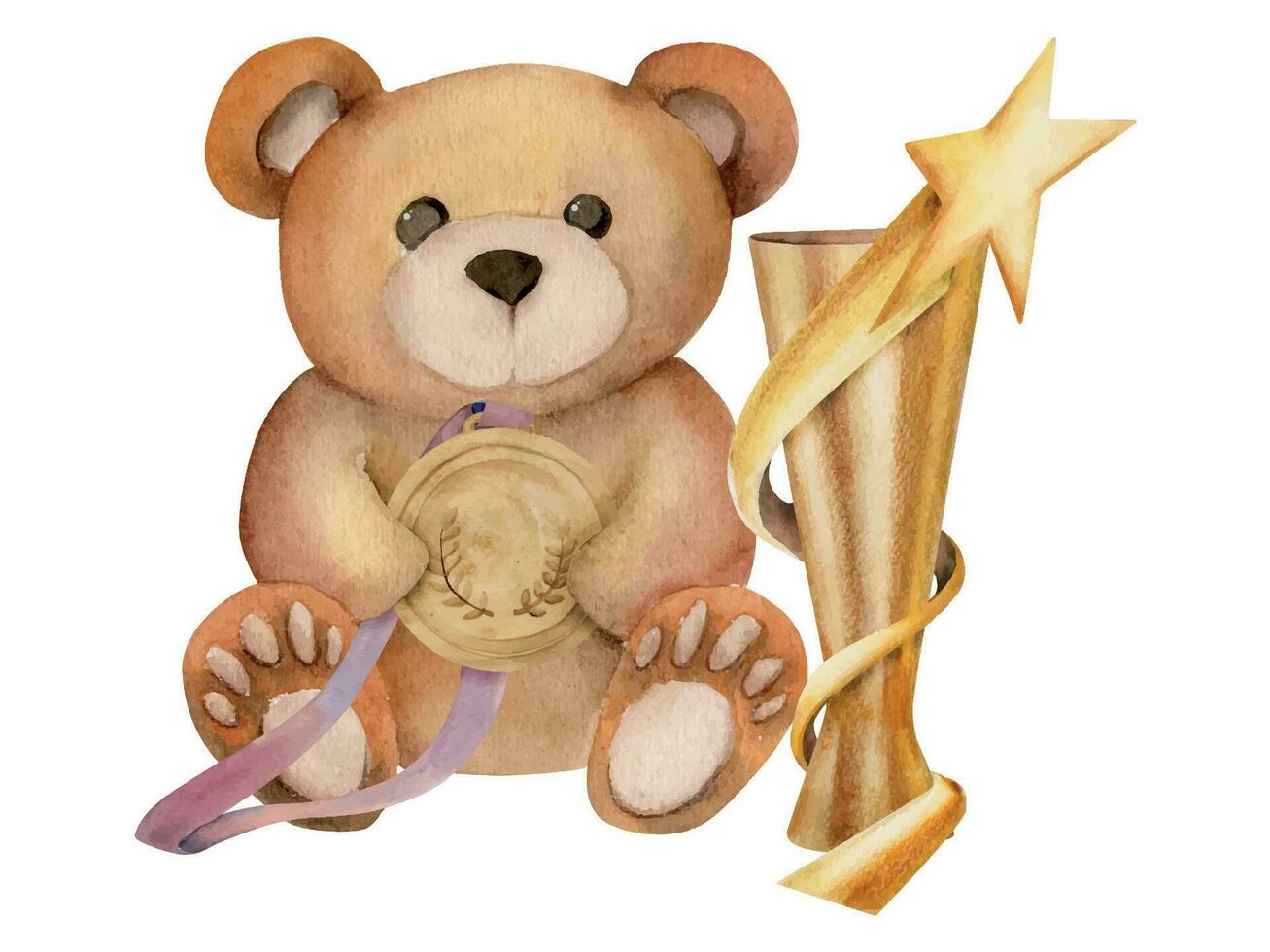 Hand drawn watercolor plush toy bear with sports competition trophy, gold medal first prize. Illustration isolated on white background. Design poster, print, website, card, invitation, shop brochure vector