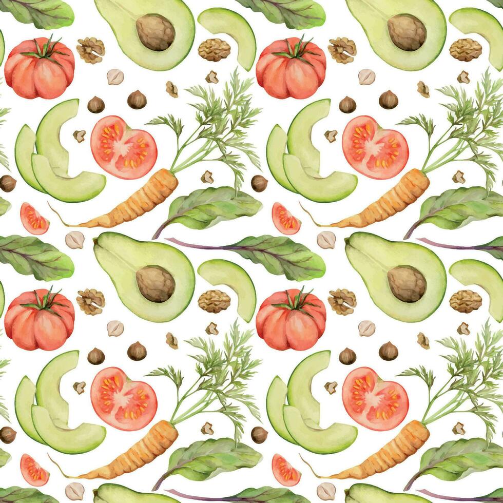 Hand drawn watercolor vegetables, salad and nuts mix for diet, healthy lifestyle, vegan cooking. Illustration seamless pattern isolated on white background. Design poster, print, website, card, menu. vector