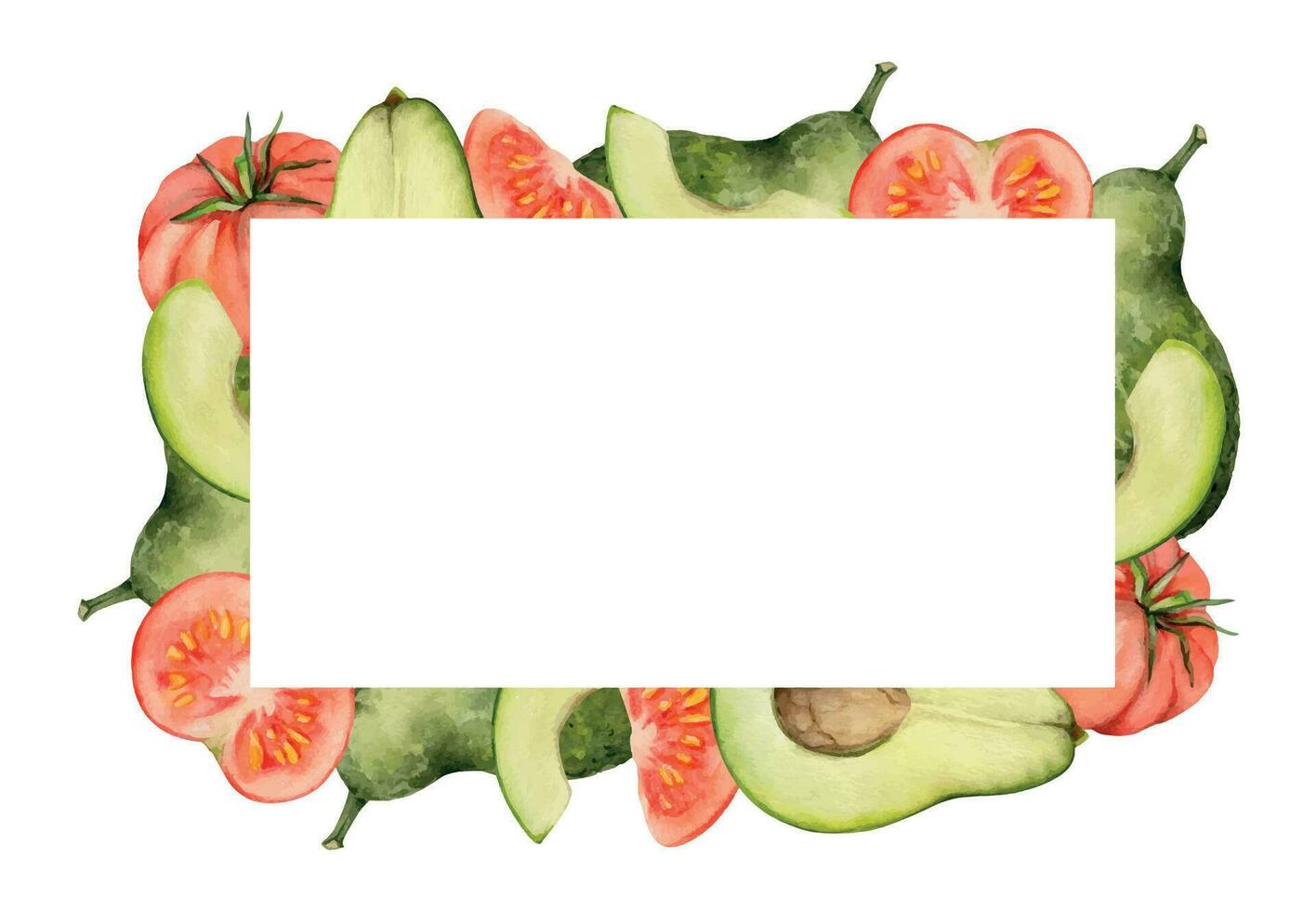 mano dibujado acuarela verde palta, tomate vegetal dieta sano estilo de vida, vegano cocinando. ilustración rectangular frontera marco aislado blanco antecedentes. diseño póster, imprimir, sitio web, tarjeta, menú vector