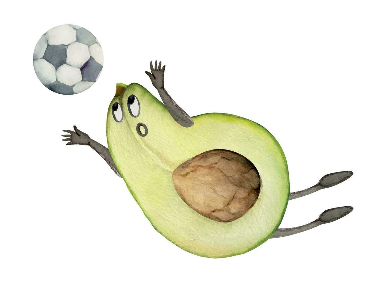Hand drawn watercolor avocado character playing soccer football, goalkeeper catching ball. Fitness health. Illustration isolated composition, white background. Design poster, print, website, card, gym vector