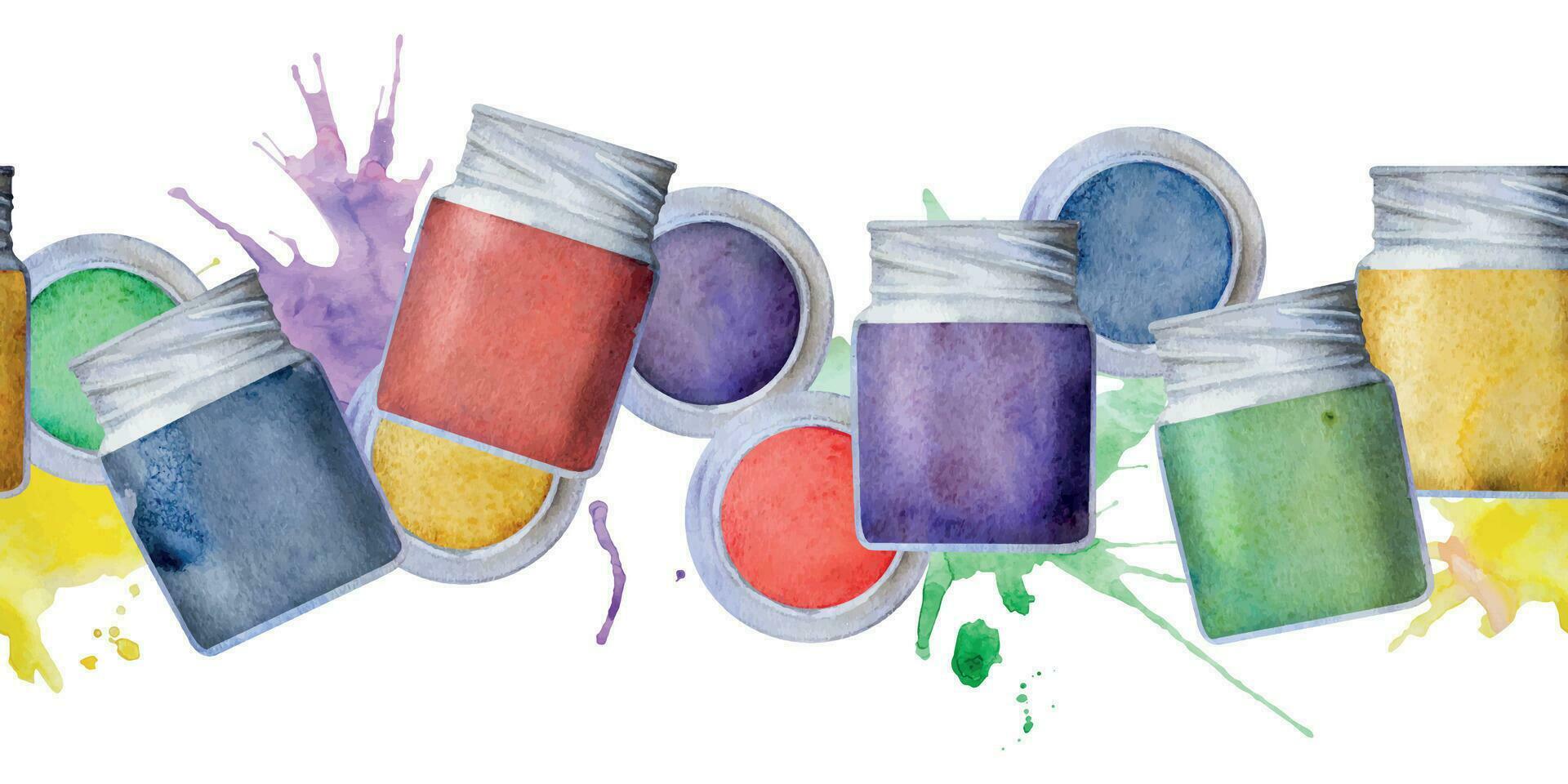 Watercolor hand drawn illustration, kids children paint art materials supplies, gouache acrylic tempera oil splashes. Seamless border isolated on white. School, kindergarten, party, cards, website vector