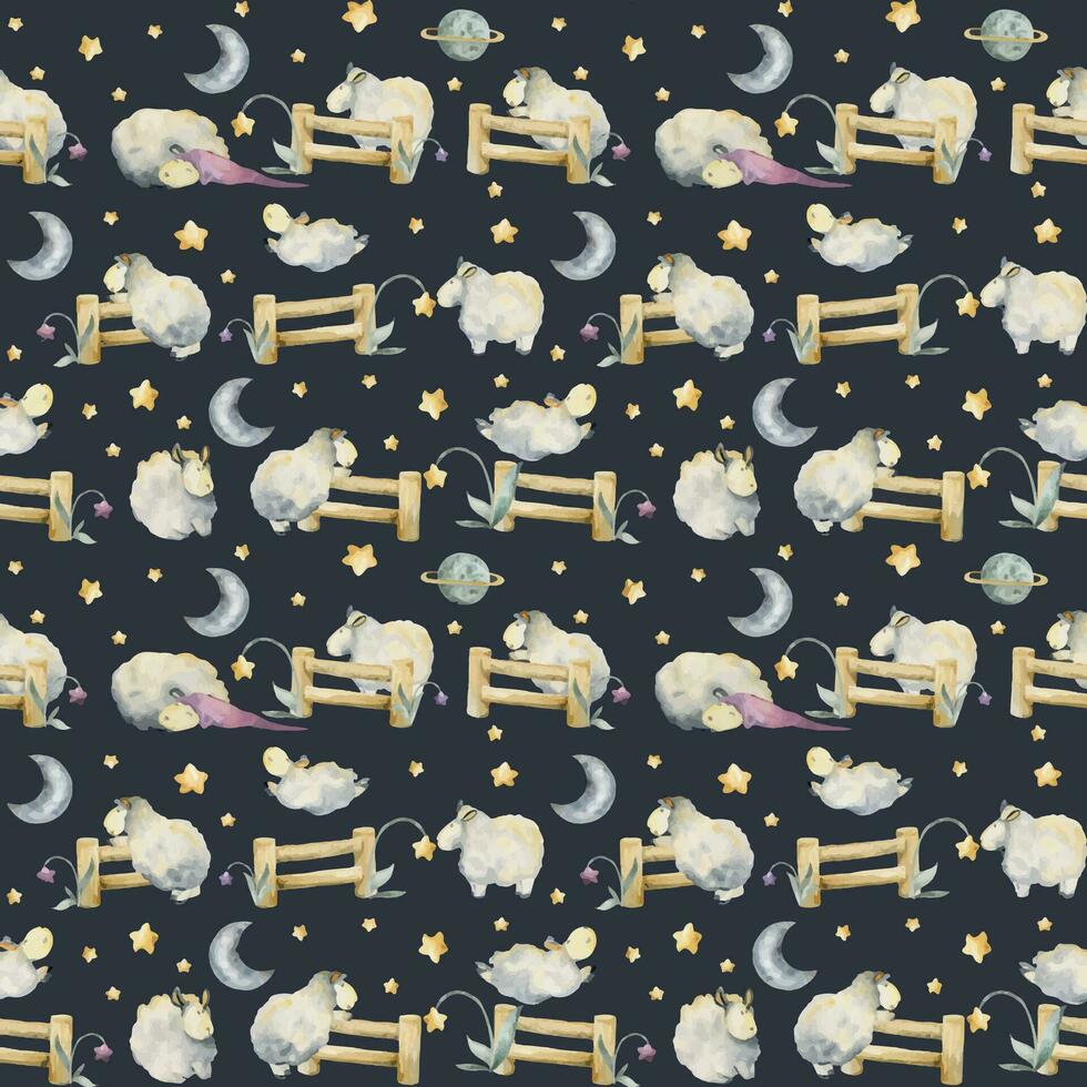 Watercolor hand drawn illustration, cute plush baby sheep jumping over fence with magical star flowers. Seamless pattern Isolated on dark background. For kids, children bedroom, fabric, linens print vector