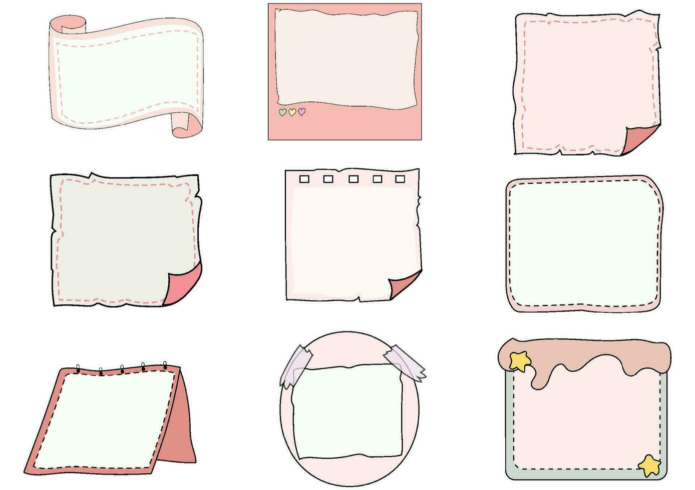 Paper note set.Blank notes with tape and stickers.Notebook collection with curled corners. Adhesive Note vector