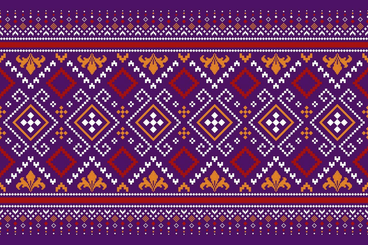 Purple cross stitch traditional ethnic pattern paisley flower Ikat background abstract Aztec African Indonesian Indian seamless pattern for fabric print cloth dress carpet curtains and sarong vector