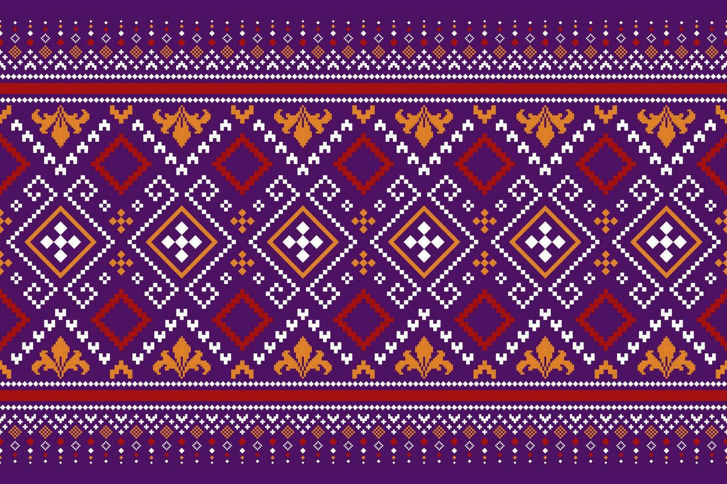 Purple cross stitch traditional ethnic pattern paisley flower Ikat background abstract Aztec African Indonesian Indian seamless pattern for fabric print cloth dress carpet curtains and sarong vector