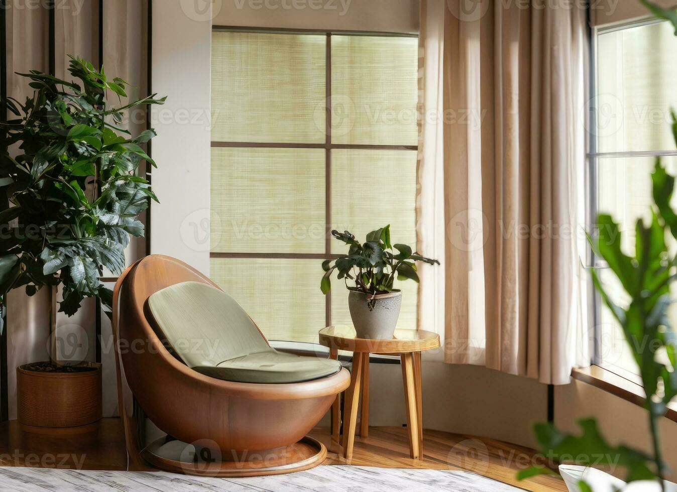 AI generated modern room with chair and big windows, built in minimal room tone, oak modern couch. AI Generated. photo