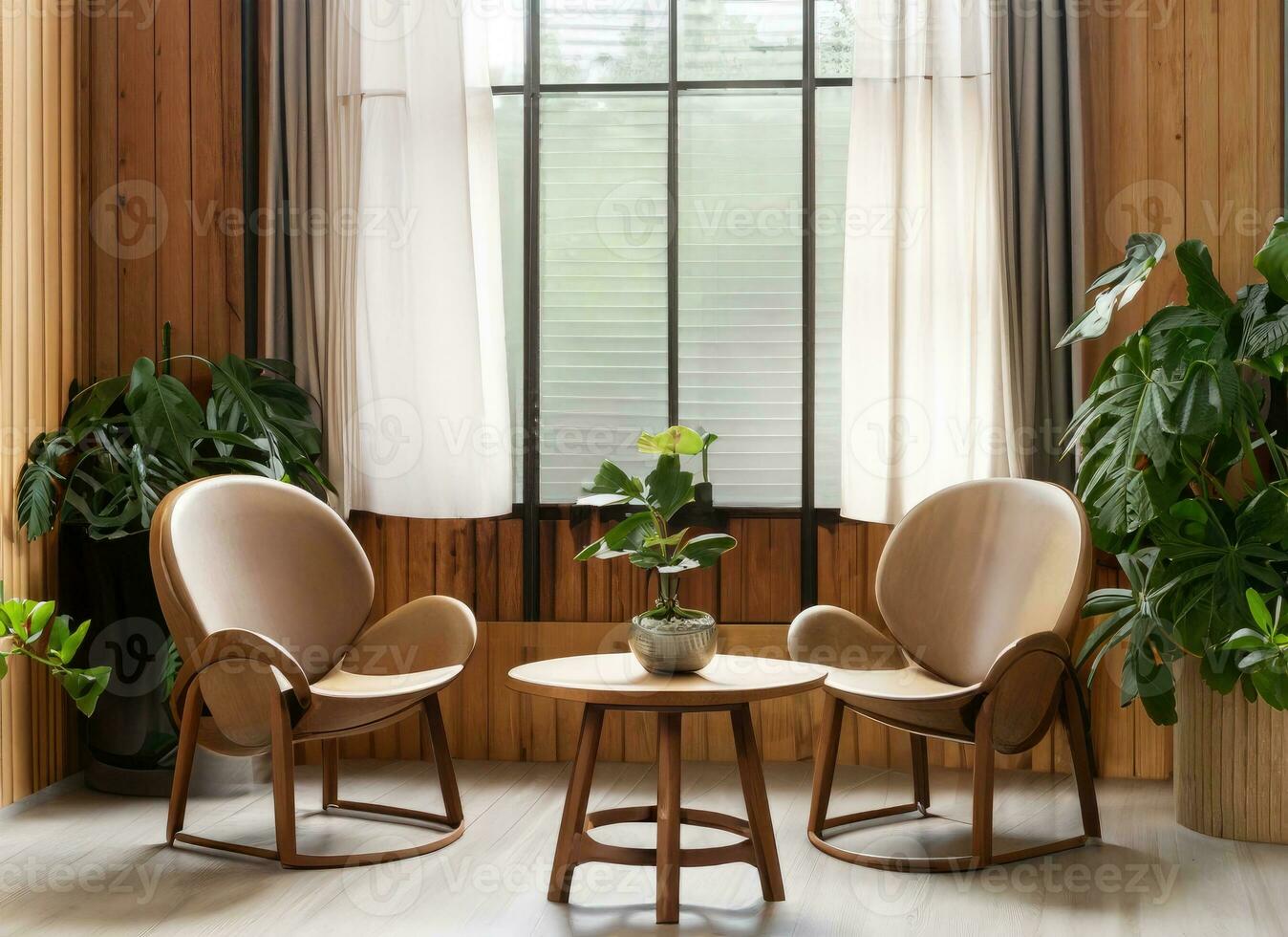 AI generated modern room with chair and big windows, built in minimal room tone, oak modern couch. AI Generated. photo