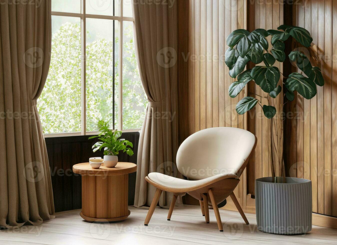 AI generated modern room with chair and big windows, built in minimal room tone, oak modern couch. AI Generated. photo