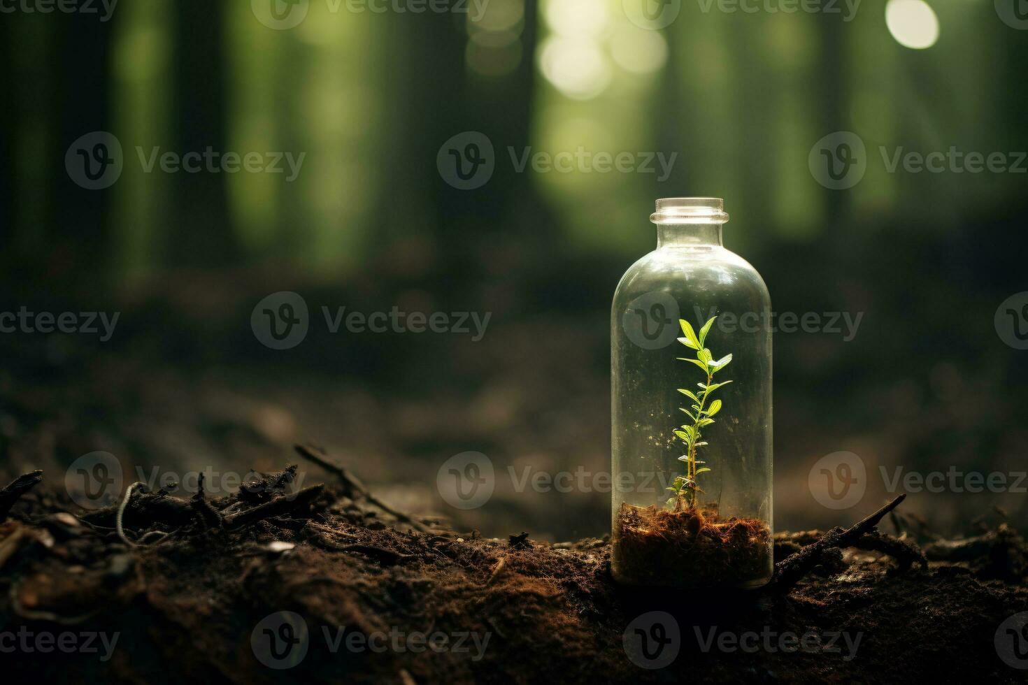 Tree seedlings in glass tubes on nature background, AI Generative photo