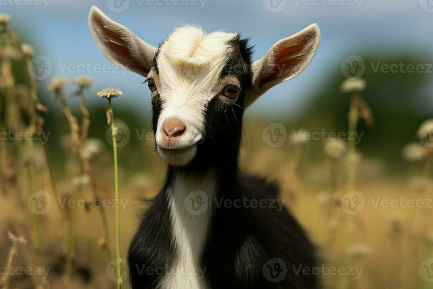 AI generated Cute Little baby goat in the field AI Generated photo