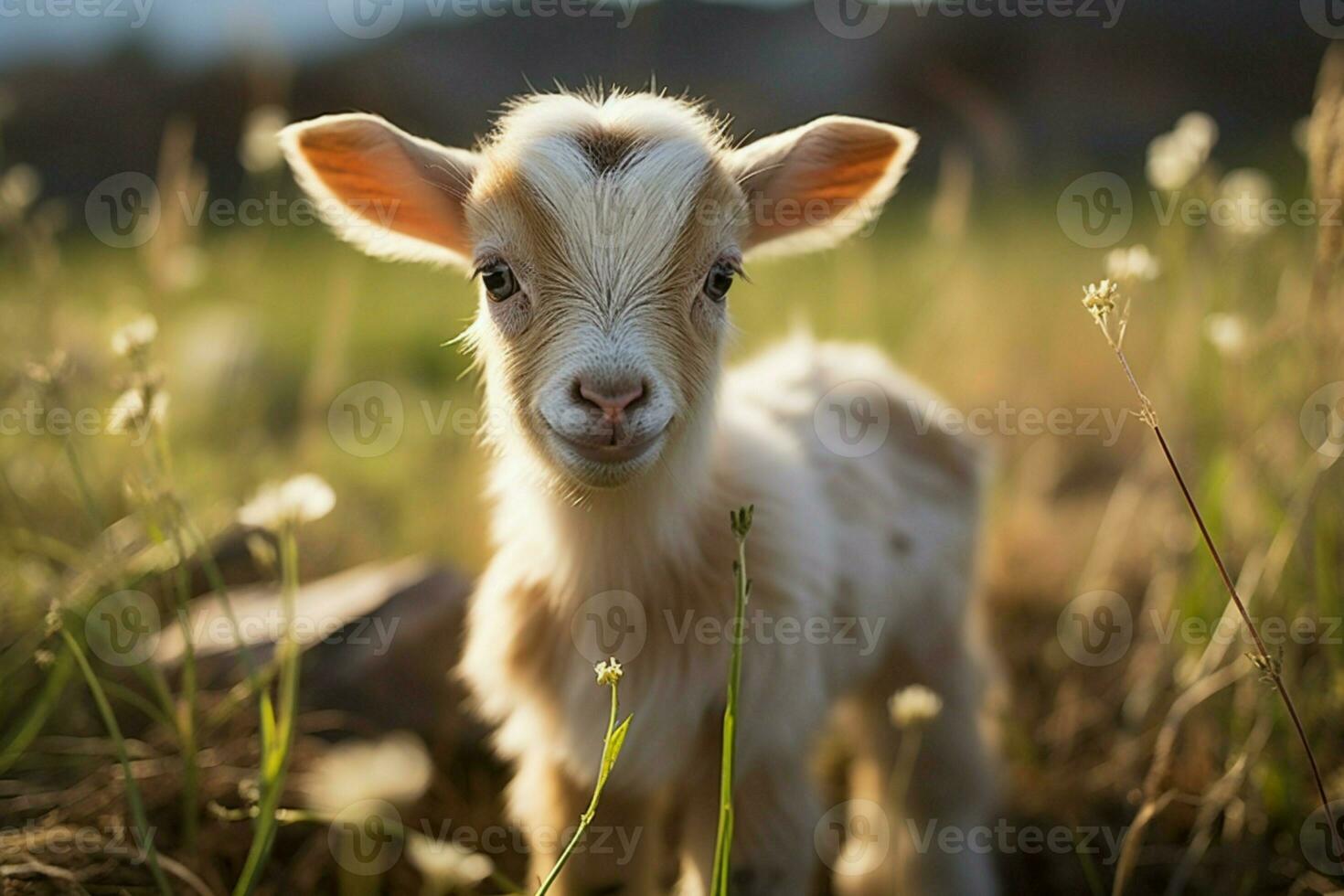 AI generated Cute Little baby goat in the field AI Generated photo