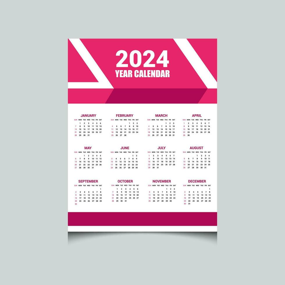 Minimal simple Upcoming 2024 One-page wall calendar design vector template, wall calendar design 2024-year, one page calendar design