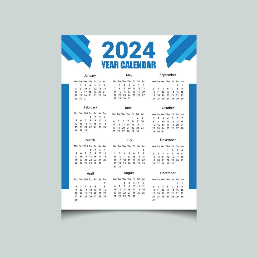 Minimal simple Upcoming 2024 One-page wall calendar design vector template, wall calendar design 2024-year, one page calendar design