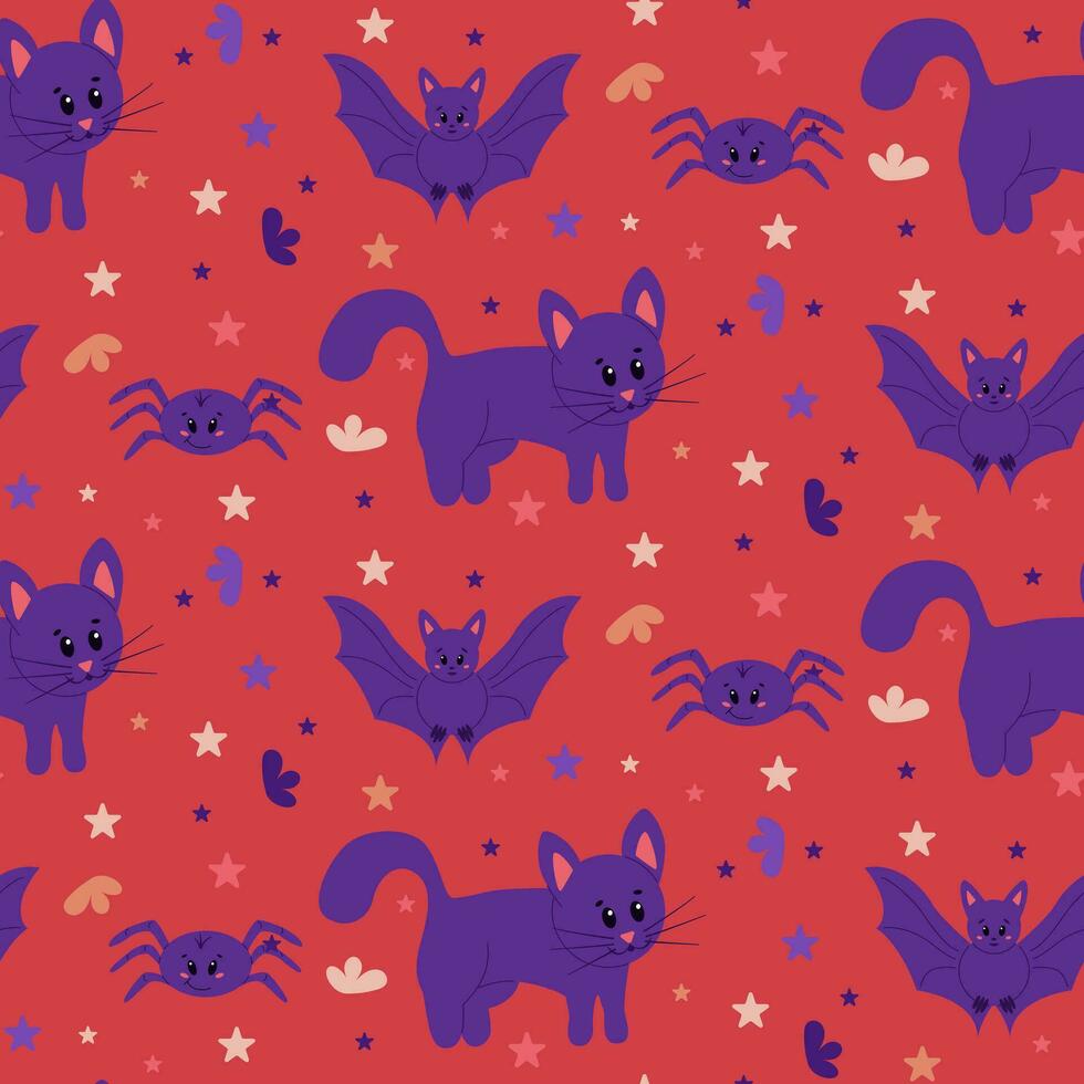 Funny magical seamless pattern with cute animals. Flat kawaii magical cat, bat, spider on red background. Witch related animals. Graphic print design for wrapping paper, textile, background, banner vector