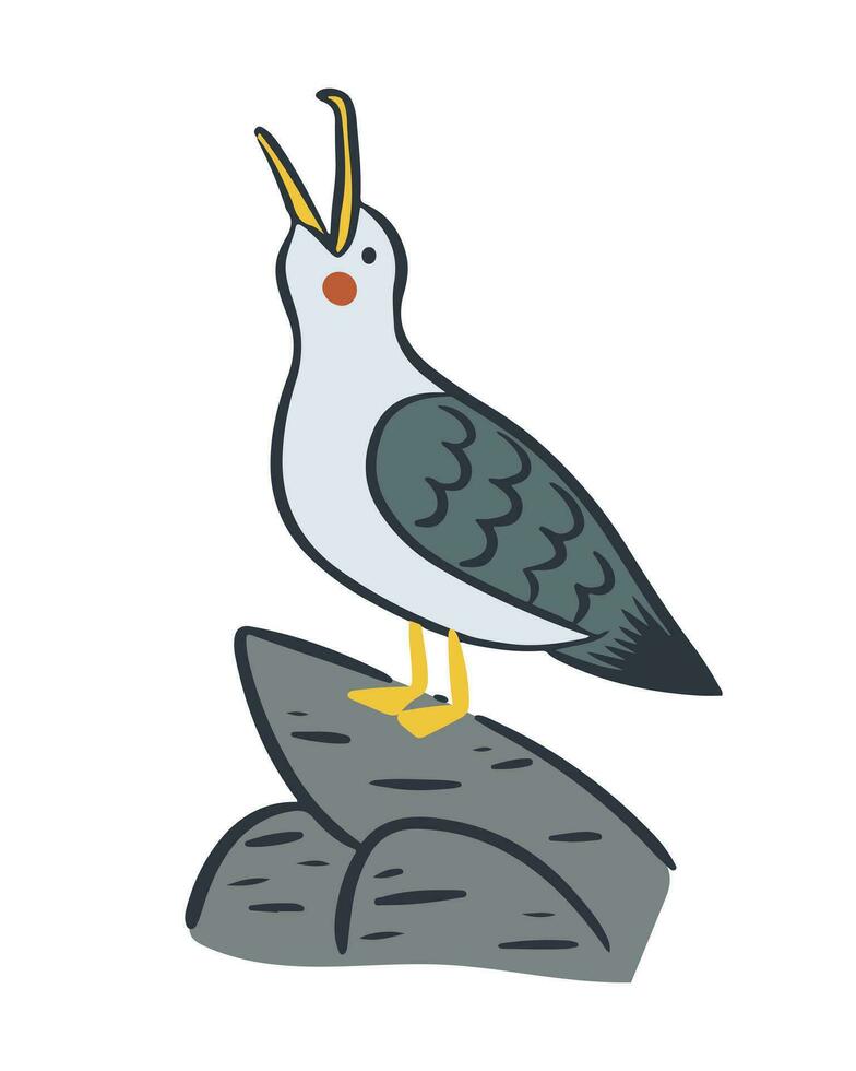 Cute screaming hand drawn seagull staying on rock. Sea bird in cartoon kawaii style. Summer holiday concept character. Ideal for sea style decoration, sticker, vector