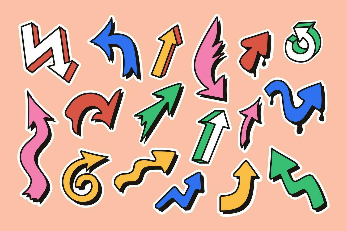 Retro 90s style sticker set of different arrows. Hand drawn elements in street style graffiti and 2000s style. Ideal for stickers, decoration. vector