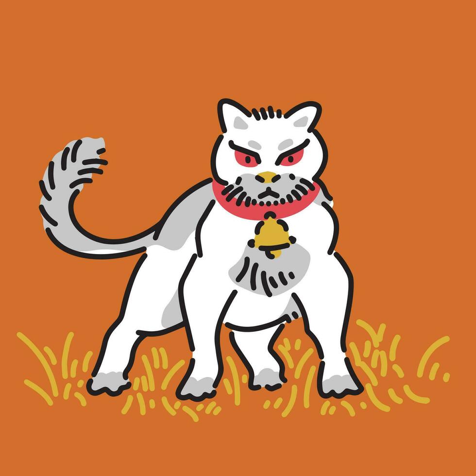 un gris blanco gato con un campana ese mira fuerte y valiente vector