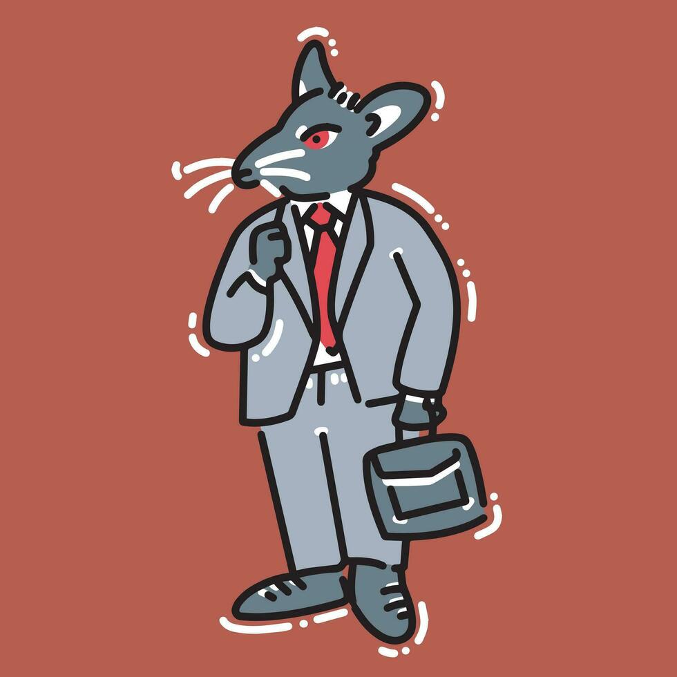 a grey mouse with red eyes wearing a grey suit with red tie while carrying a grey bag vector
