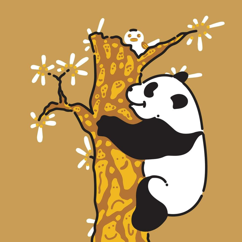 A panda is climbing a tree on which is perched a white bird vector