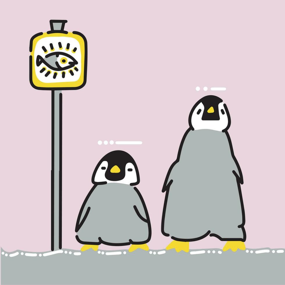 Two penguin chicks waiting for something near a marker with a fish symbol vector