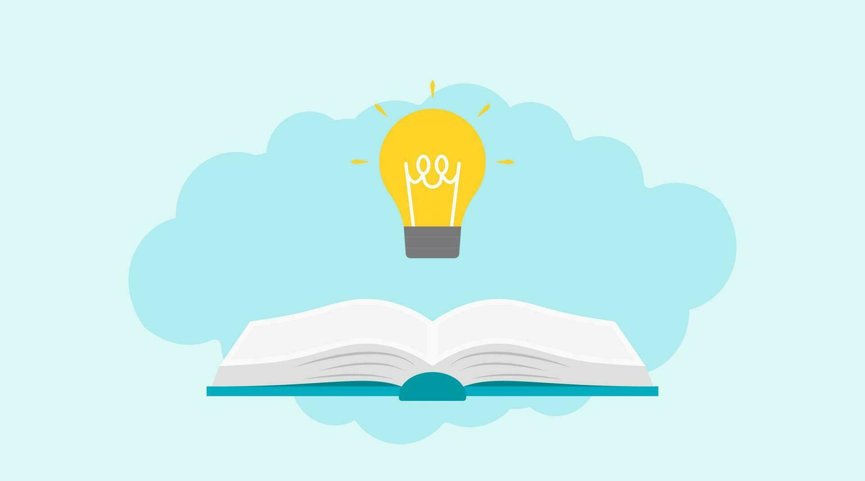 Open book with a glowing light bulb conveys the message the importance of learning for generating ideas and achieving goals vector