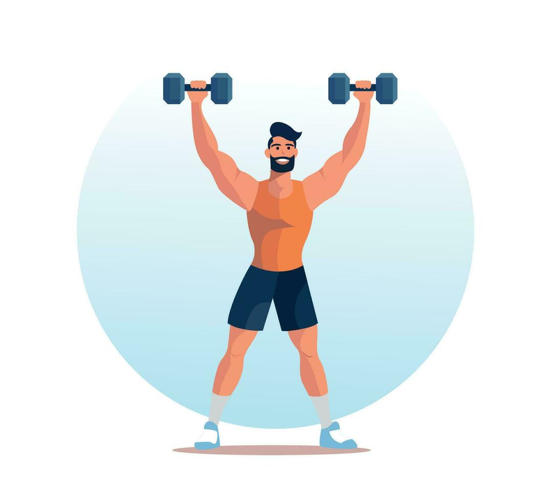 simple flat vector illustration of man workout with dumbbell