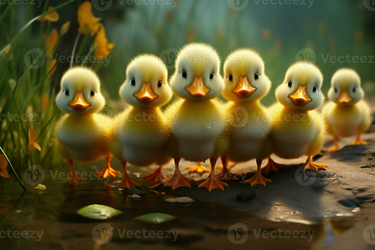 AI generated Cute fluffy small little yellow ducks AI Generated photo