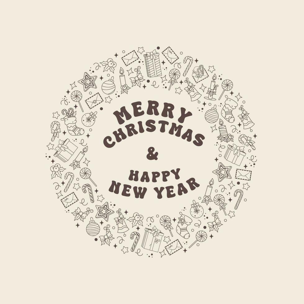 Vector Outline Merry Christmas and Happy New Year banner with symbols of celebration. Icon of gift, candy, letter, ornaments, gingerbread, candle, stocking and holly berry. Festive template with text