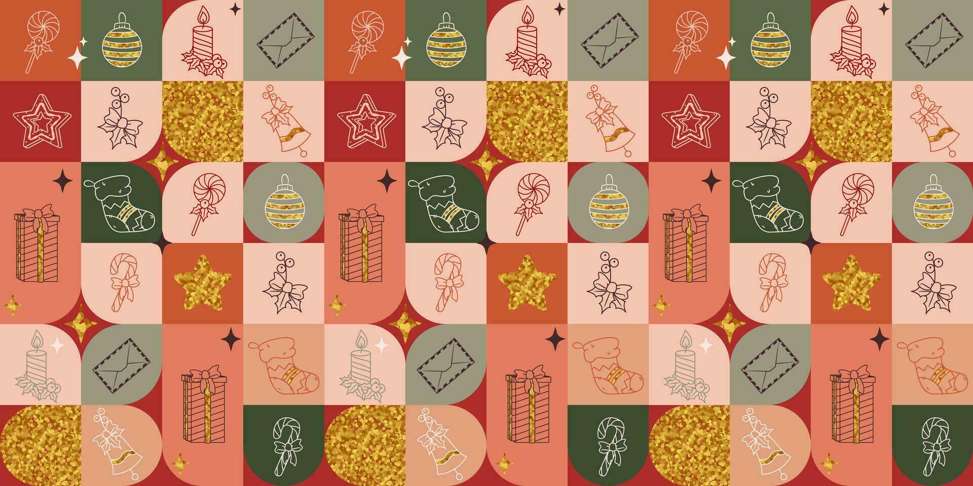 Vector Christmas and New Year square pattern with outline symbols of celebration and golden texture. Gift, candy cane, gingerbread, candle, stocking and Holly berry. Festive background illustration